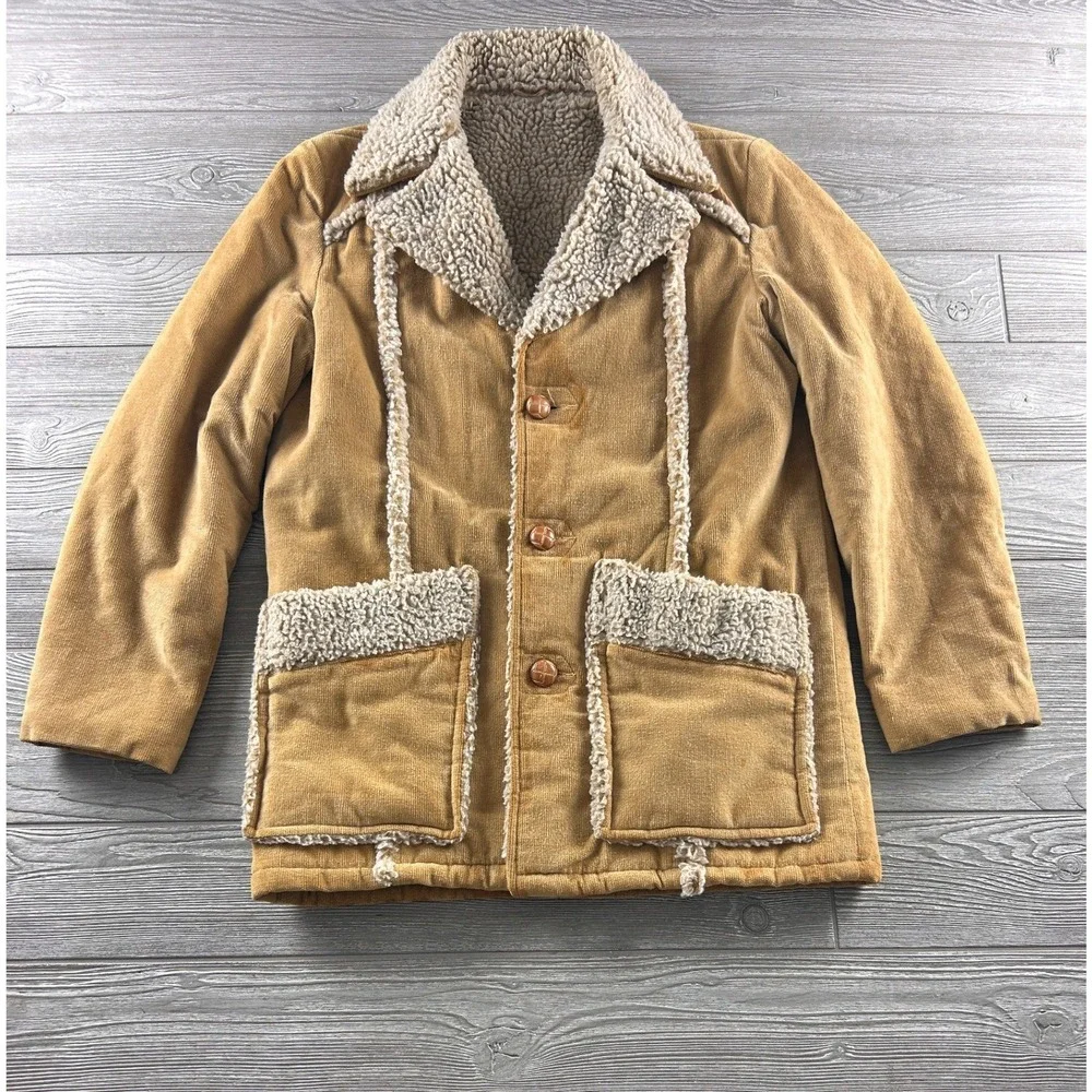 Vintage Tan Corduroy Sherpa Lined Ranch Coat Western Jacket Brown Buttons Mens L